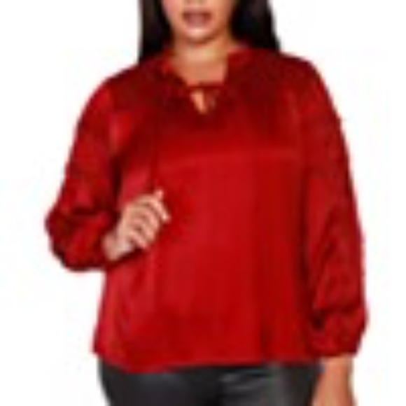 Like new. BELLDINI Black Label Plus Size Ruffle Tie-Neck Top - Cranberry color - Picture 4 of 9